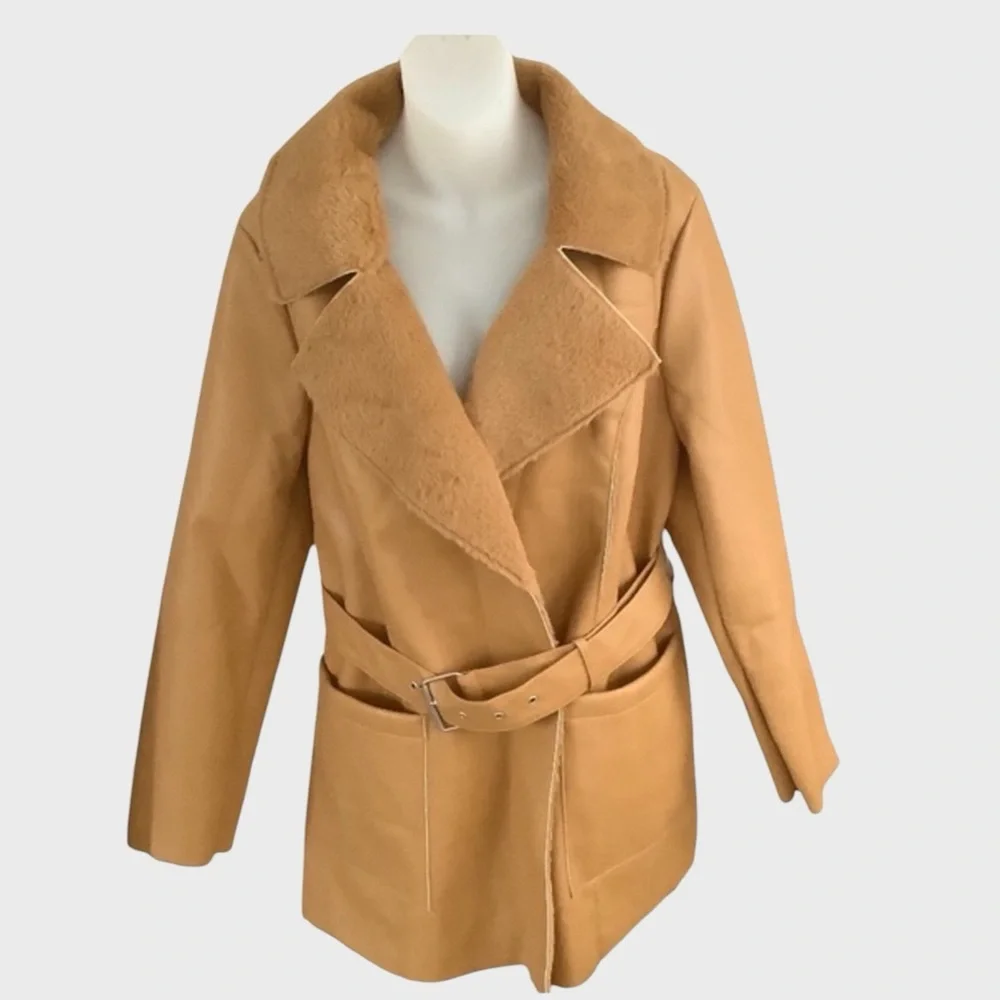 FAUX BELTED LEATHER JACKET WITH FAUX FUR LINING AND COLLAR